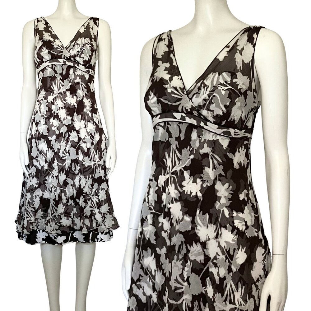 Vintage Y2K 100% Silk Ann Taylor Brown White Floral Midi Dress S/M Size 8 V Neck - Picture 2 of 14